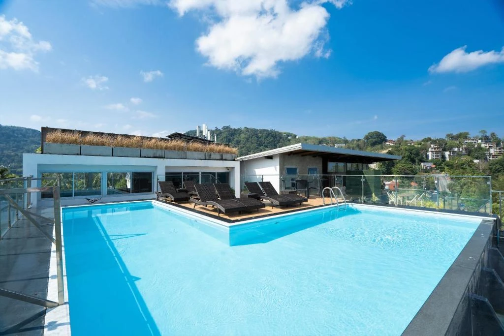 Shared rooftop pool in daylight