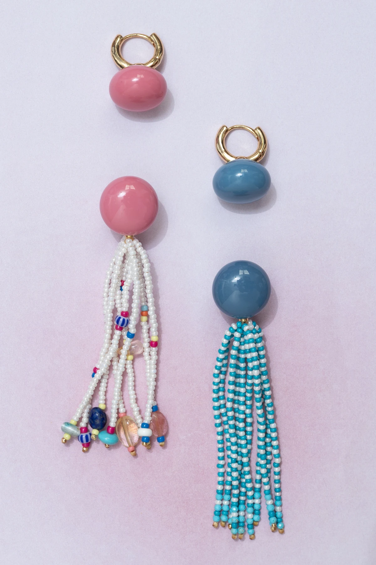 Pink and blue earrings with long beaded tassels