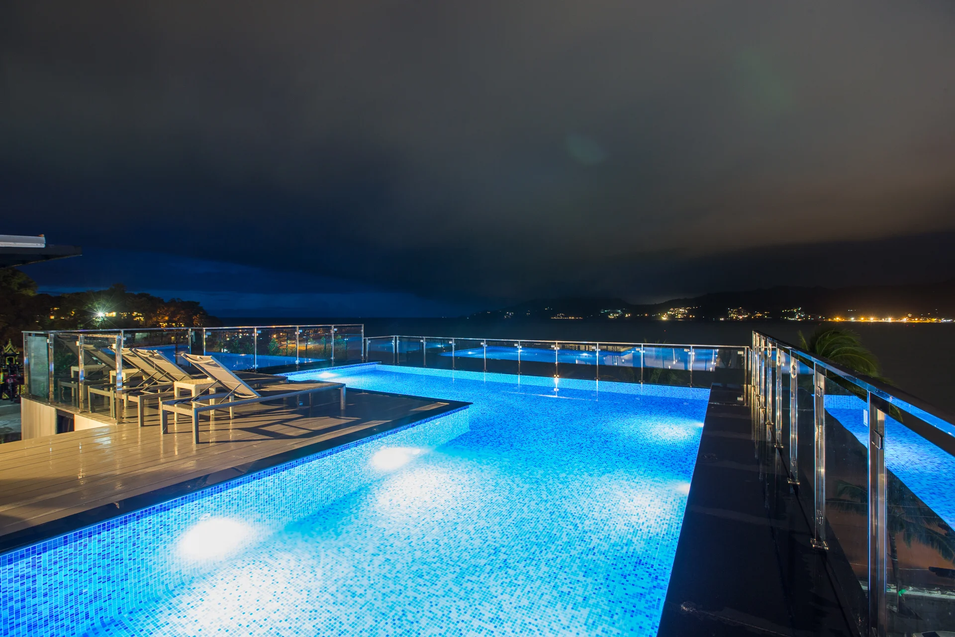 The rooftop pool after sunset