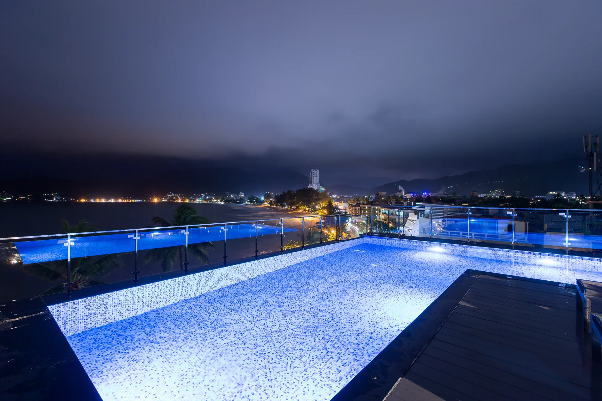 The rooftop pool after sunset